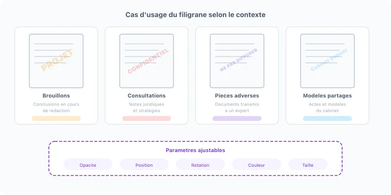 Four watermark use cases: drafts (DRAFT), legal opinions (CONFIDENTIAL), opposing exhibits (DO NOT DISTRIBUTE) and shared templates (firm name)