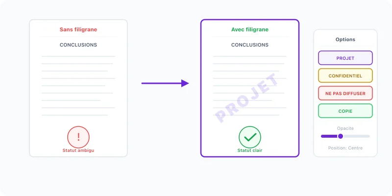 Before/after watermark comparison: unmarked document versus document with visible diagonal DRAFT watermark